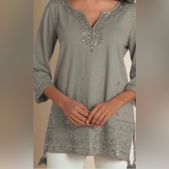 Soft Surroundings Kerala 100% Cotton Knit Tunic Sequin Tassels Size Petite XS - Picture 1 of 12